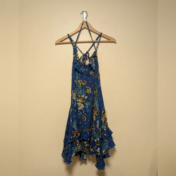 Free People FP One Go Lightly Blue Floral Ruffle Gauze Mini Dress – Size Large - Picture 4 of 8